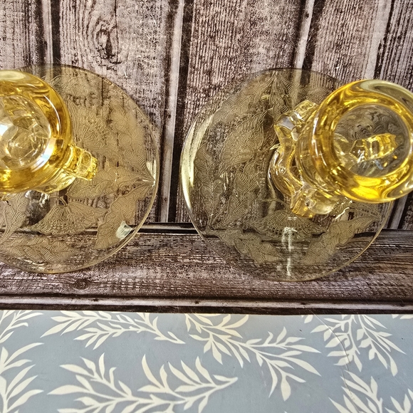 Pair of Vintage Yellow Depression Glass Etched Floral Candle Candlestick Holders - Picture 2 of 8